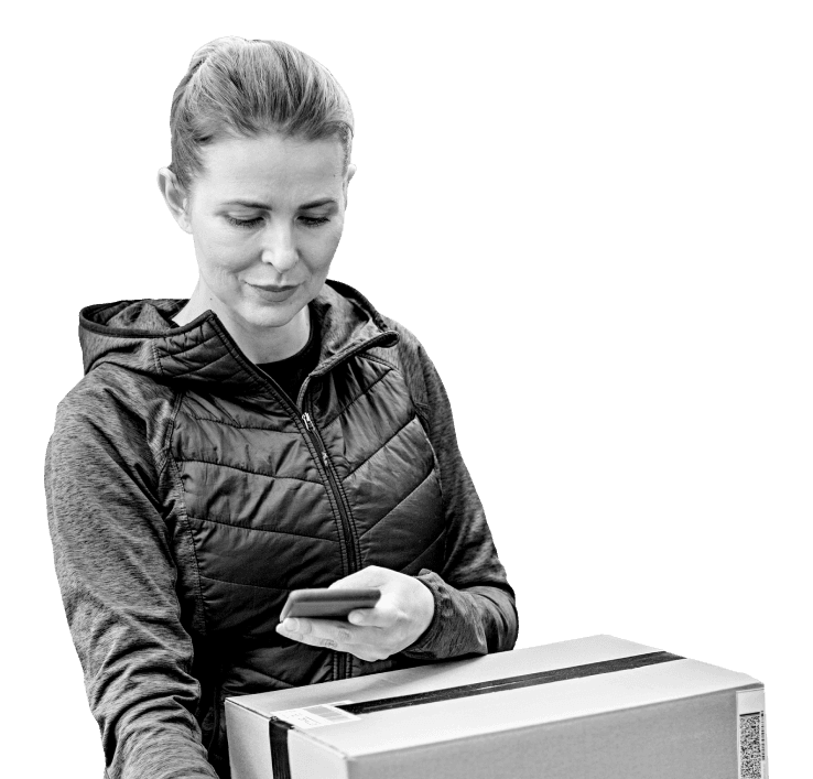 Woman holding box and phone