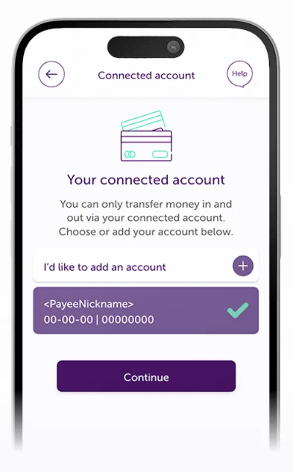 Atom Bank app showing the page for the user to add their connected account