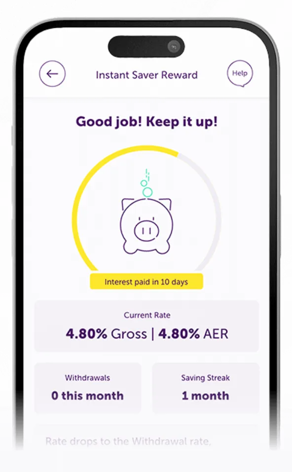 Atom Bank app showing the user's Instant Saver Reward account dashboard