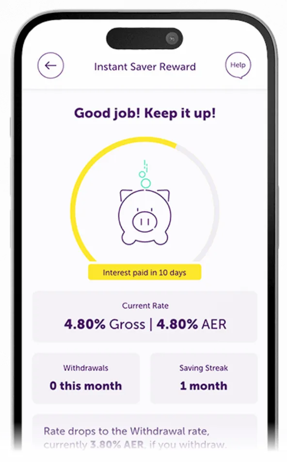 Atom Bank app showing the user's Instant Saver Reward account dashboard