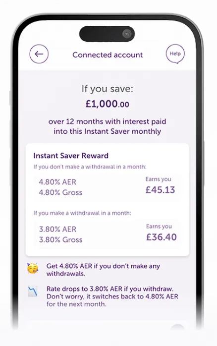 Atom Bank app showing the Instant Saver Reward interest projection