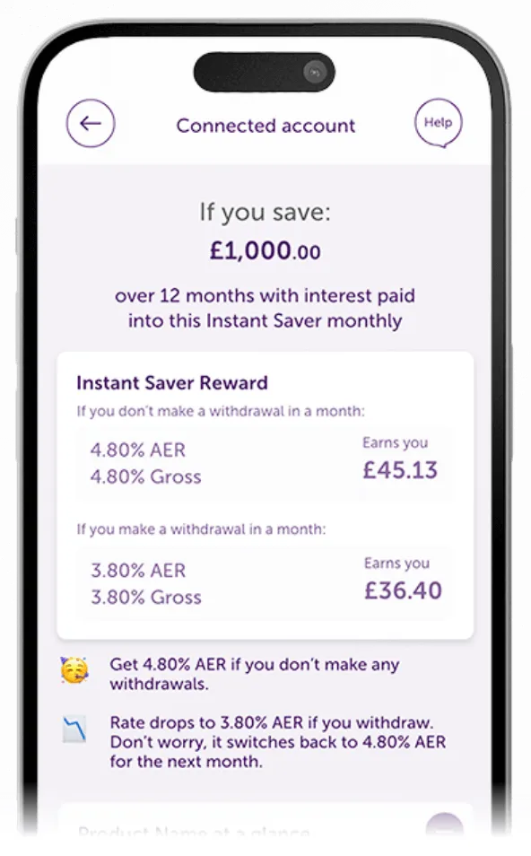 Atom Bank app showing the Instant Saver Reward interest projection