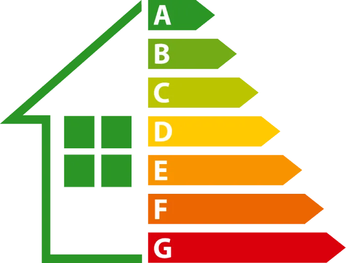 EPC ratings diagram showing each band with its colour, in the shape of a house