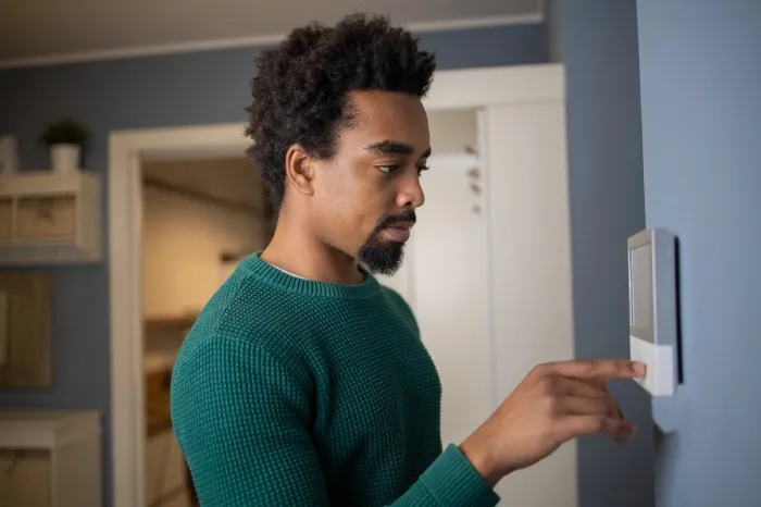 Person in a green jumper uses a thermostat