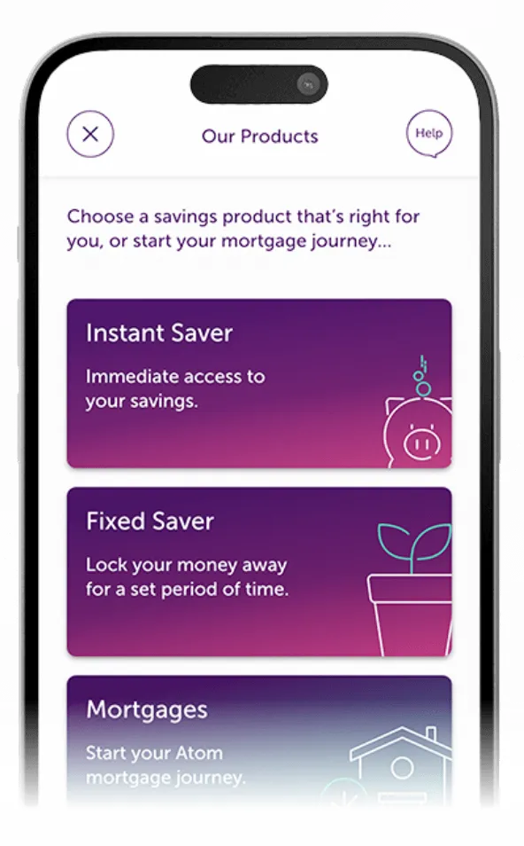 Atom Bank app showing a page with all Atom products to choose from