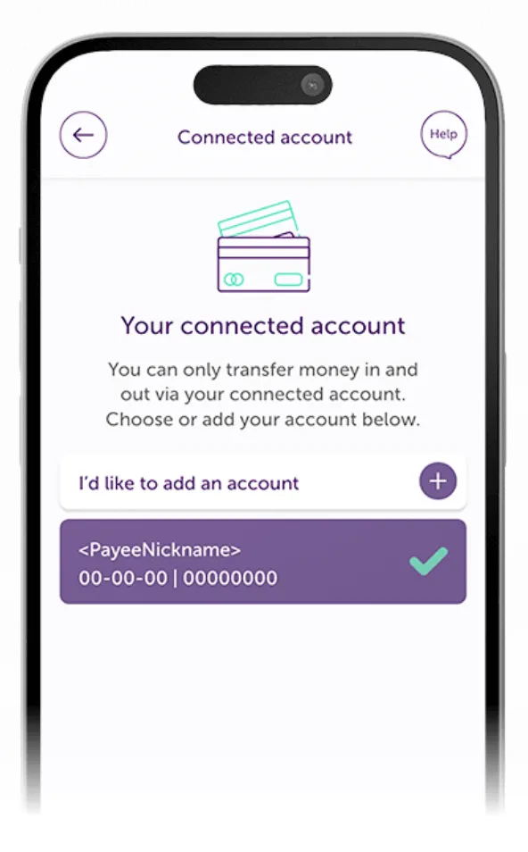 Atom Bank app showing the page for the user to add their connected account