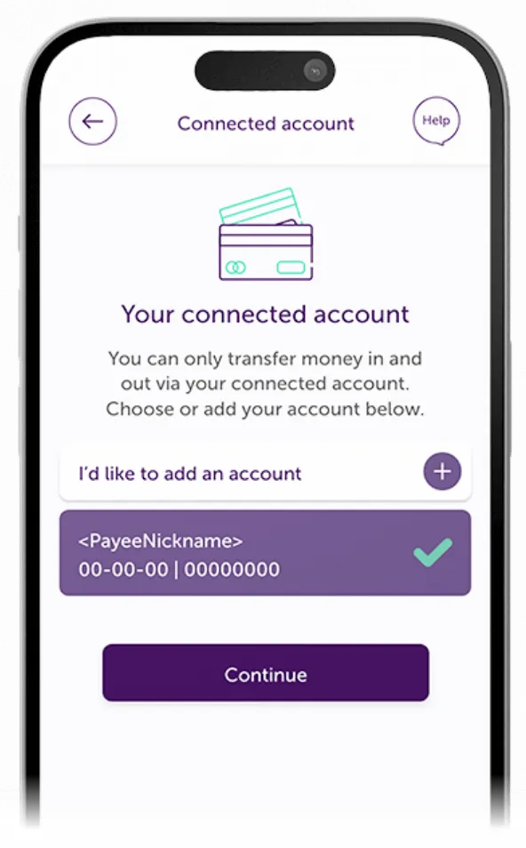 Atom Bank app showing the page for the user to add their connected account