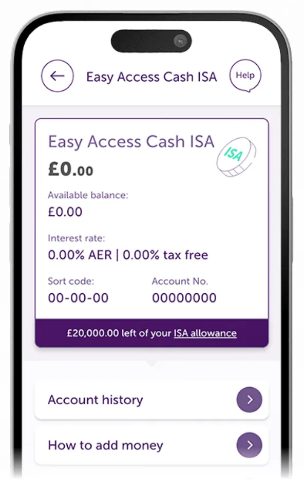 Atom Bank app showing the user's Easy Access Cash ISA account dashboard