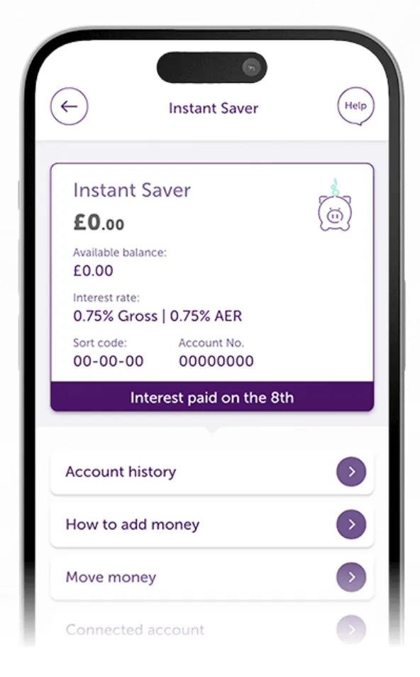 Atom Bank app showing the user's Instant Saver account page