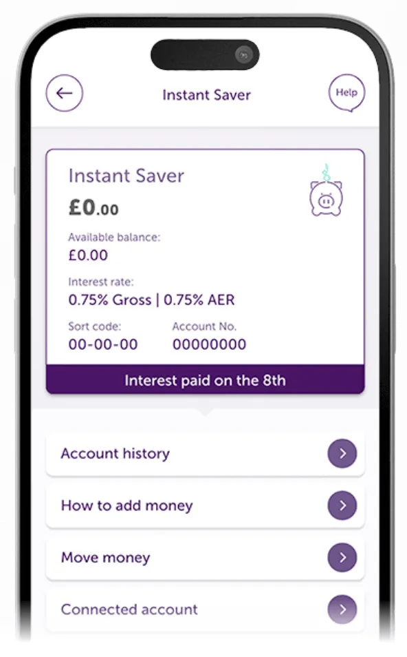 Atom Bank app showing the user's Instant Saver account page