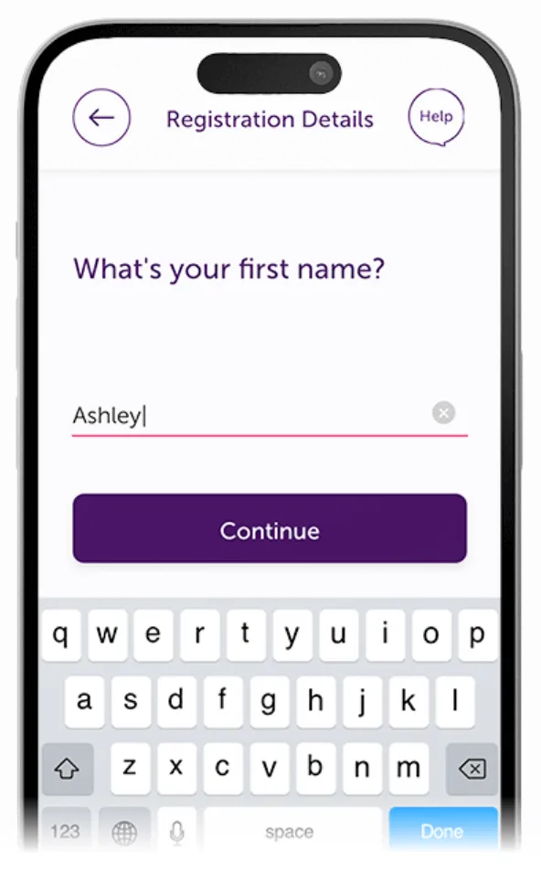 Atom Bank app showing the registration details page with a user inputing their name