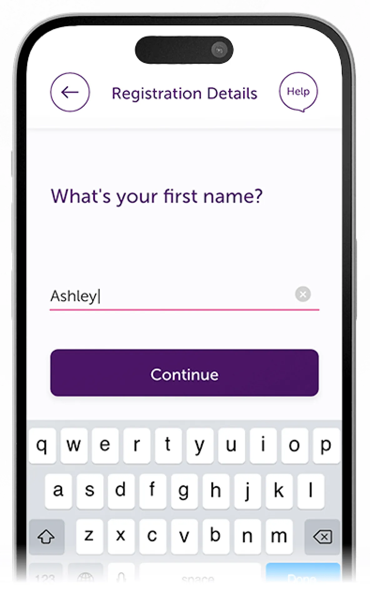 Atom Bank app showing the registration details page with a user inputing their name