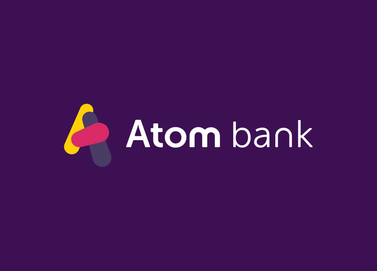 White Atom Bank logo on purple background