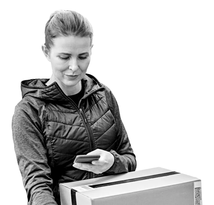 Woman holding box and phone