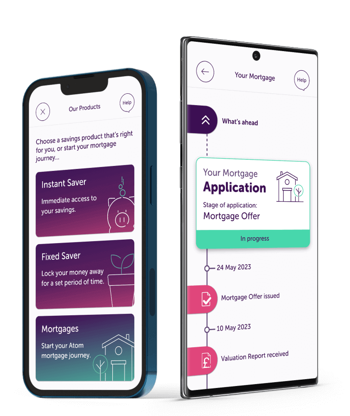 iPhone showing 'Our Products' app page, alongside Android phone showing 'Your Mortgage' app page