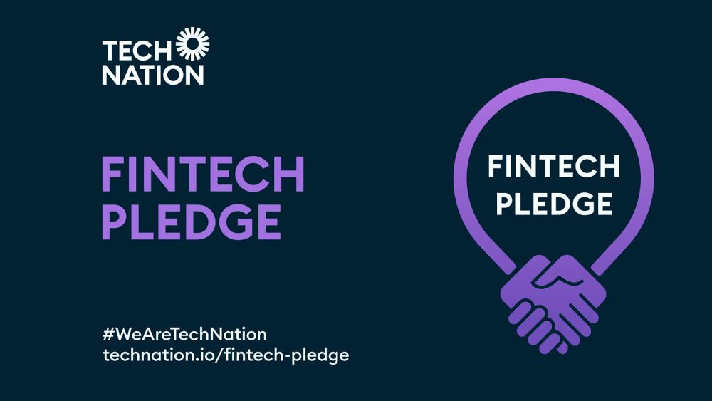 The Fintech Plegde logo in purple on a white background featuring a ring with two cartoon hands shaking at the bottom